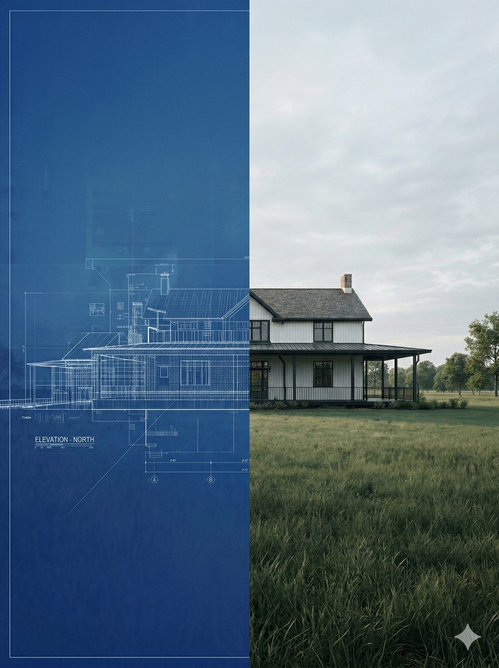 Architectural blueprint transforming into a completed energy-rated home